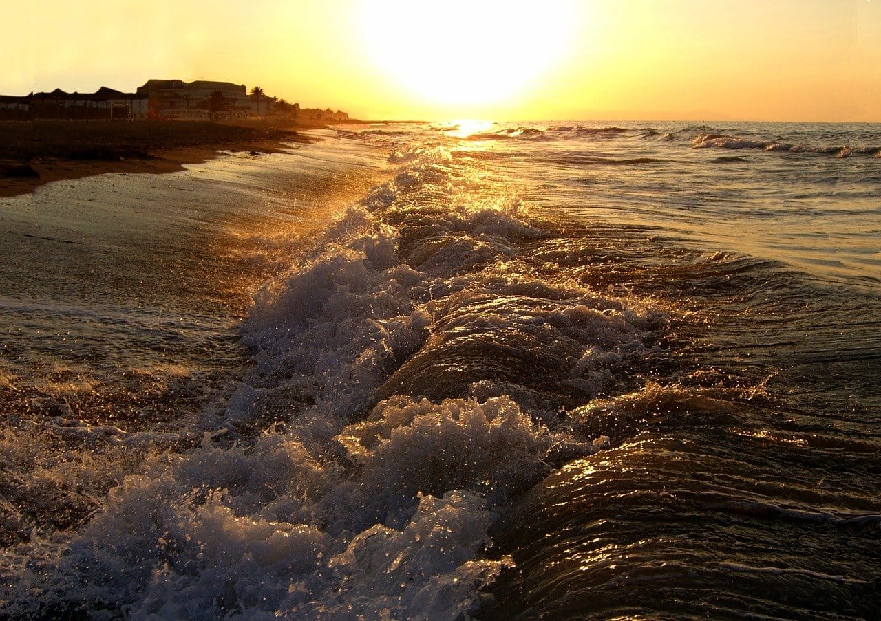 sunset, sea, waves